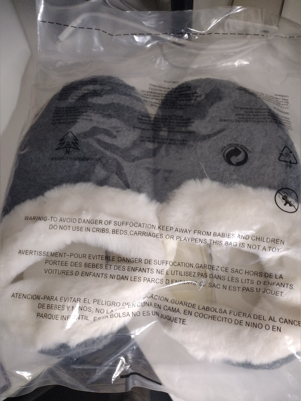 Gray Faux Fur Slide Slippers with White Trim